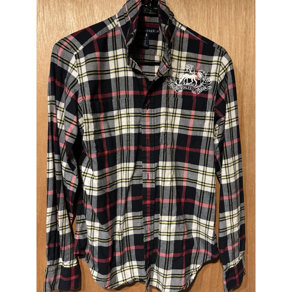 Polo Ralph Lauren Womens Button Up Shirt 10 Black plaid Large Logo